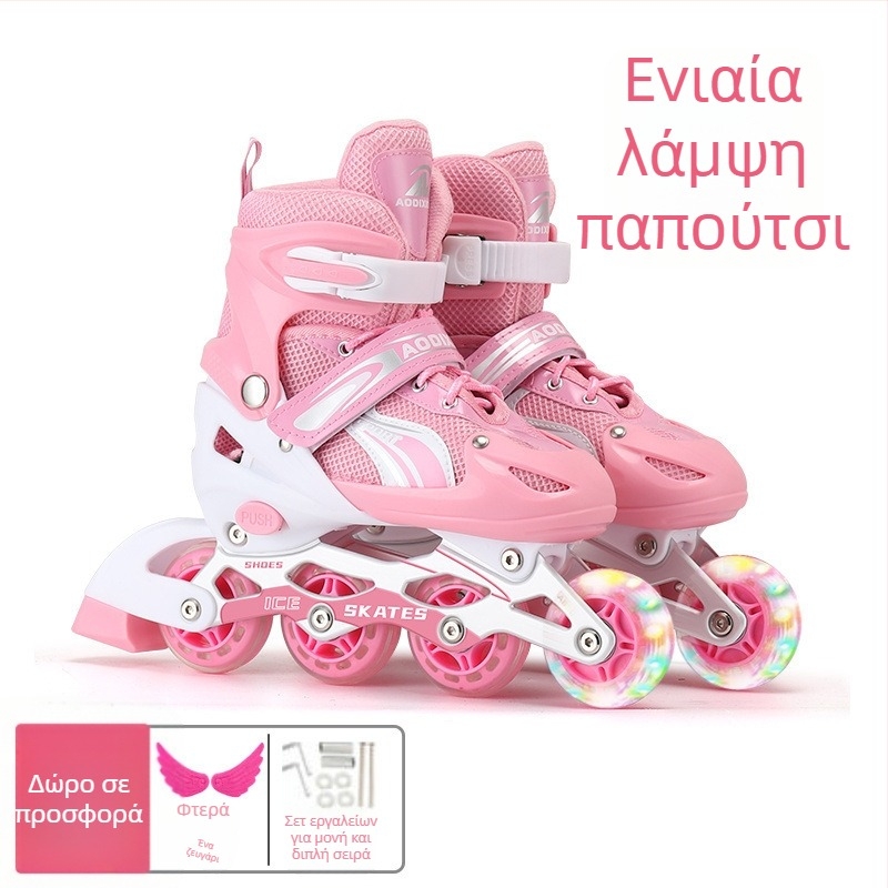 Τετράτροι τροχοπέδιλα με διπλής σειράς τροχούς, άνω μέρος από καμβά, σόλα TPR, πλαστικοί τροχοί