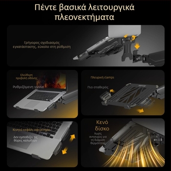 Βάση για λάπτοπ και οθόνη με διπλούς οθόνες και αιωρούμενο δίσκο — δύο σε ένα σύστημα ανύψωσης, κρύος κυλινδρικός χάλυβας, μοντέλο Tp0071