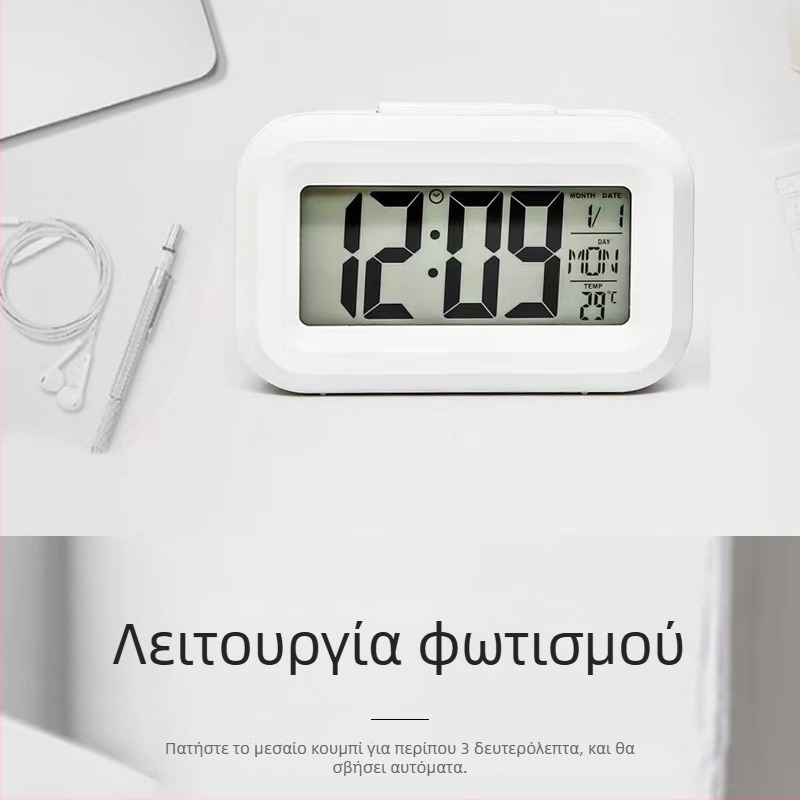 Μίνι LCD ξυπνητήρι γραφείου με αιώνιο ημερολόγιο, ένδειξη ημέρας της εβδομάδας και φωτιζόμενη οθόνη