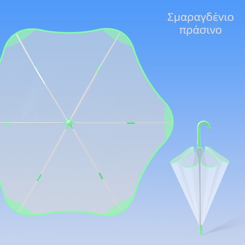 Παιδική διαφανής ομπρέλα σε στυλ καρτούν, με 6 ραβδές από ίνες, πλαστική λαβή, αυτόματο κλείσιμο, δυνατότητα λογότυπου