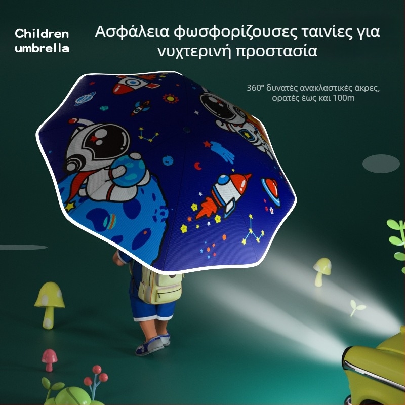 Παιδική αναδιπλούμενη ομπρέλα με αυτόματο άνοιγμα/κλείσιμο, στρογγυλεμένες γωνίες, σκελετός από ατσάλι με 8 ακτίνες, ύφασμα πολυεστέρα 190T, δυνατότητα λογότυπου, κατάλληλη για αγόρια και κορίτσια.