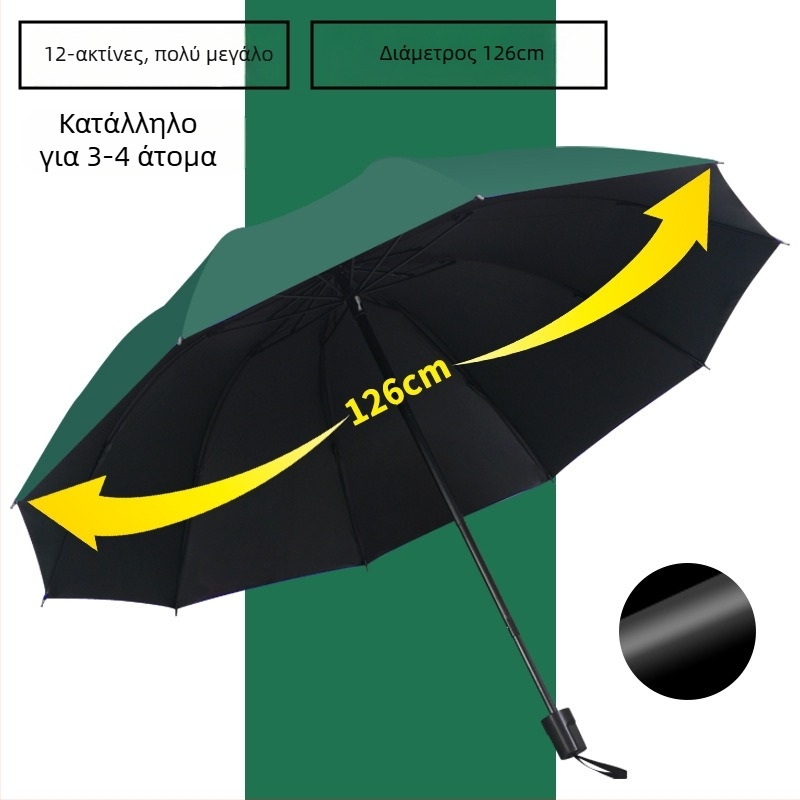 Ομπρέλα 12 Ράβδων με UV Προστασία, Αναδιπλούμενη, Μεταλλικά Ράβδια Σιδήρου, Λαβή από Καουτσούκ, Χειροκίνητο Άνοιγμα/Κλείσιμο, Διπλής Χρήσης Ήλιος και Βροχή