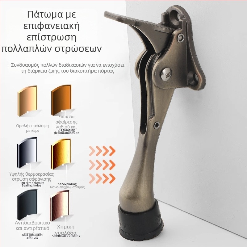 Θέση πόρτας από κράμα ψευδάργύρου με χειροκίνητο ελατηριωτό πετάλι, περιοριστής κορυφής από καουτσούκ, εγκατεστημένος πάνω στην πόρτα, φινίρισμα γυαλισμένο και ηλεκτροπλατιωμένο