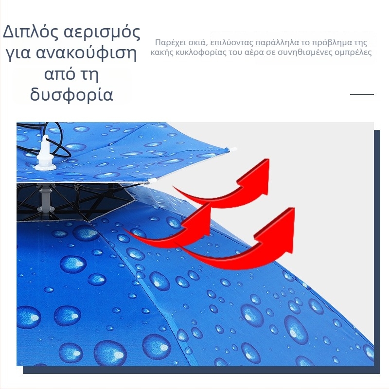 Διπλό στρώμα αδιάβροχο και ανθεκτικό στον άνεμο καπέλι-ομπρέλα για ψάρεμα, με κεφαλή, αναδιπλούμενο ηλιοσκιά για εξωτερικούς χώρους