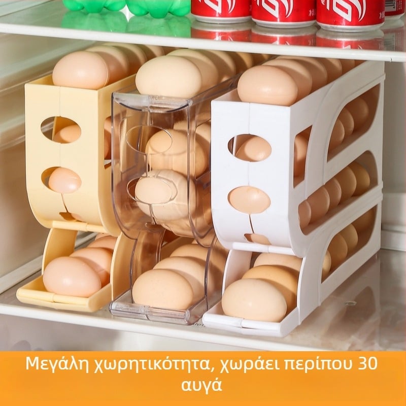 Τετραεπίπεδο συρόμενο δοχείο αυγών για την πόρτα ψυγείου με αυτόματο κύλισμα αυγών, κατάλληλο για πάγκο κουζίνας, προστασία από πτώσεις