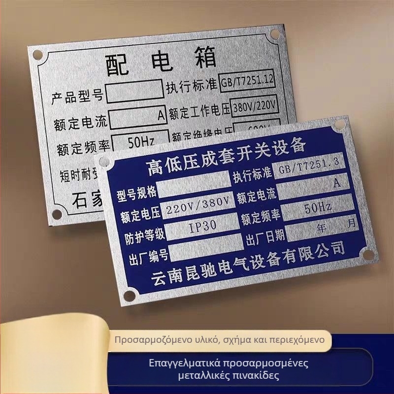 Μεταλλική ταμπέλα ονόματος — προσαρμοζόμενη; (υλικό: μεταλλική ταμπέλα ονόματος; εκτύπωση: gold corrosion screen printing; εφαρμογή: καθολική)