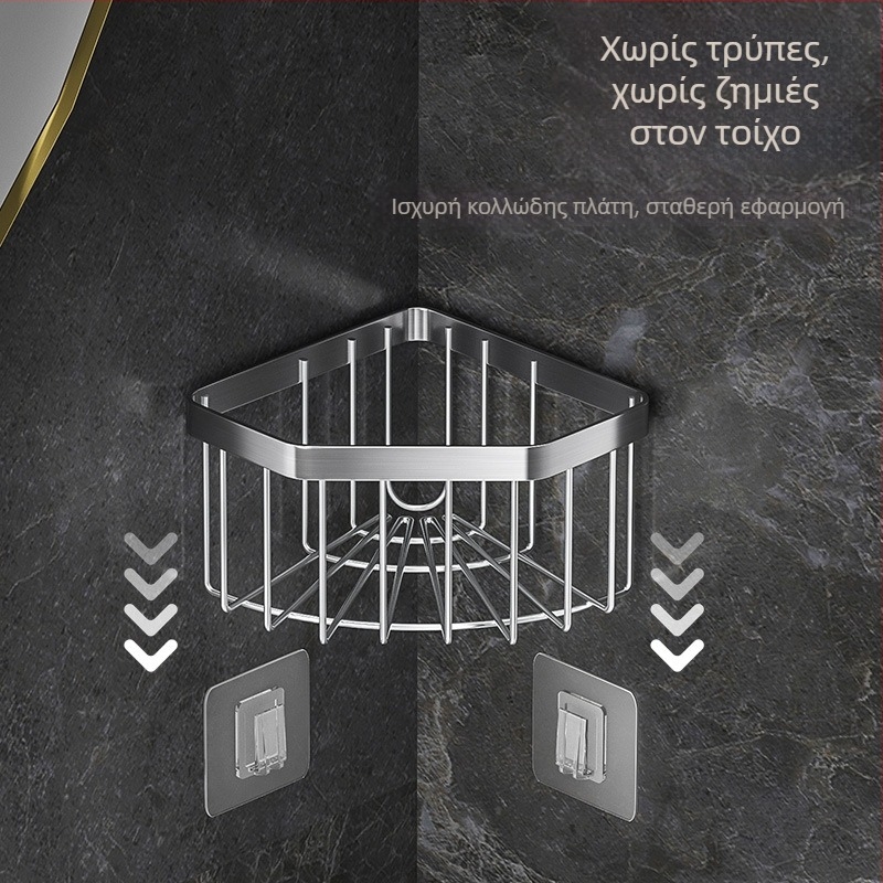 Ανοξείδωτο χάλυβα γωνιακό καλάθι αποθήκευσης σφουγγαριών, τρίγωνος δίσκος αποστράγγισης, εγκατάσταση χωρίς οπές, βουρτσισμένο φινίρισμα, χωρητικότητα 10 kg