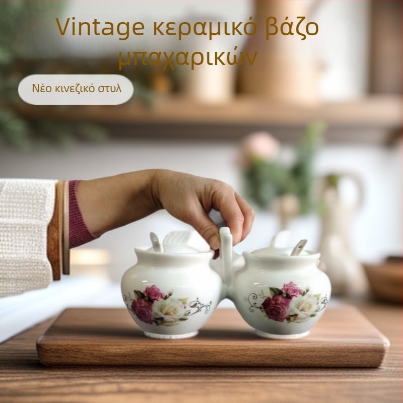 Διπλής κεφαλής πορσελάνινο βάζο για καρυκεύματα με καπάκι — vintage κεραμικός σχεδιασμός για υγρά καρυκεύματα