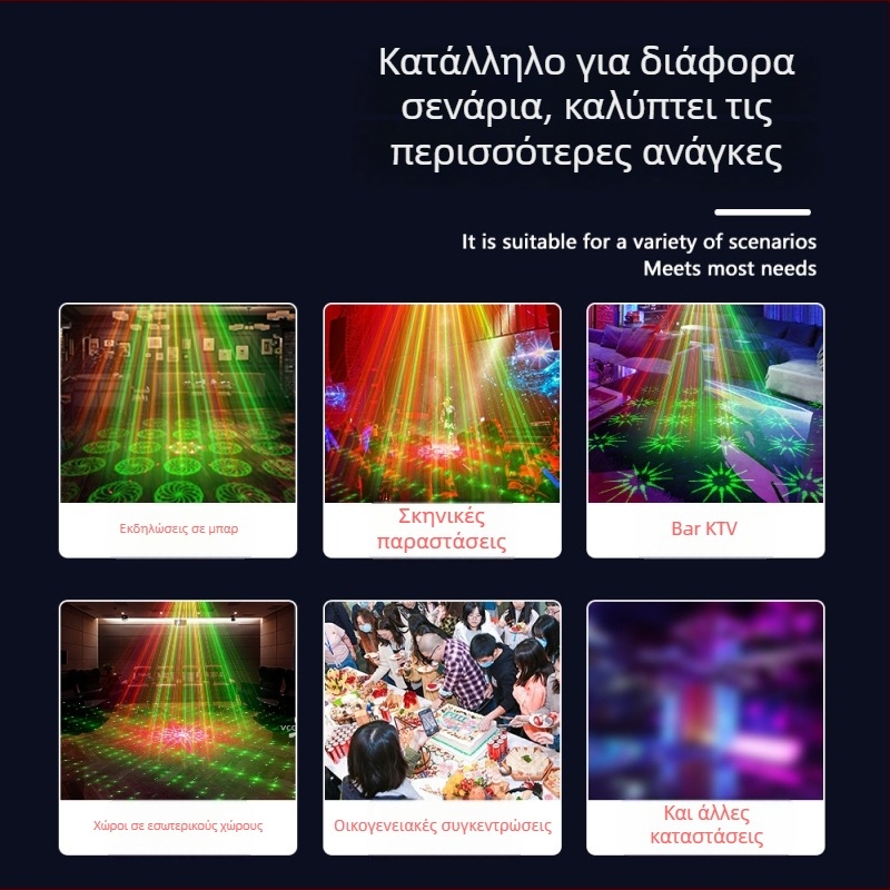 Μίνι προβολέας λέιζερ EMS-25 σειρά — πηγή λέιζερ+LED, τάση 110-240V, IP20 προστασία, φωνητικός έλεγχος + τηλεχειριστήριο, για μπαρ και KTV