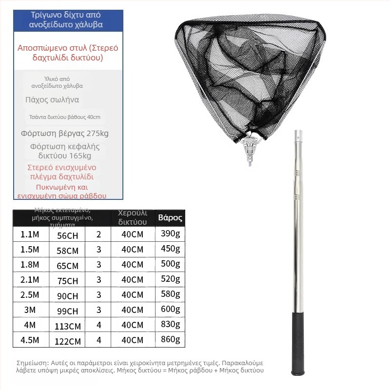 Αναδιπλούμενο δίχτυ αλιείας από ανοξείδωτο χάλυβα με τηλεσκοπική ράβδο; στερεό δίχτυ; λεπτό πλέγμα; ικανότητα φόρτωσης 300