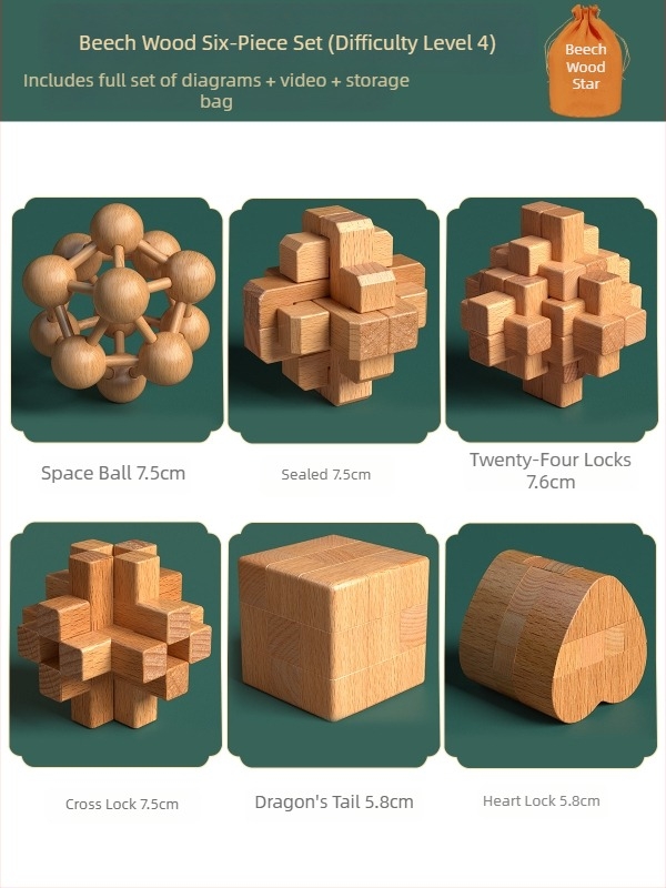 Ξύλινο σετ Κονγκμίν-Λουπαν κλειδαριές σε έγχρωμο κουτί — Υλικό: Beech, Κατασκευή Mortise-and-Tenon, Ανάπτυξη της λεπτής κινητικότητας