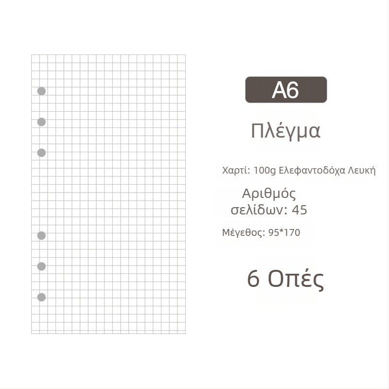 Διαφανής PVC δέτης για χαλαρά φύλλα, σελίδες με πλέγμα, 6 οπές, 45 φύλλα