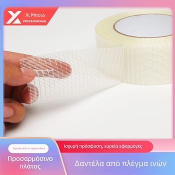 Ταινία μονοπλεύρου δικτύου από υαλονήματα για στερέωση καλουπιών και ηλεκτρικών συσκευών; βάση PET+ίνες γυαλιού; διαφανές κόλλα; πλάτος 10–60 mm; μήκος 50 m; εύρος θερμοκρασίας -20 έως 40 °C.