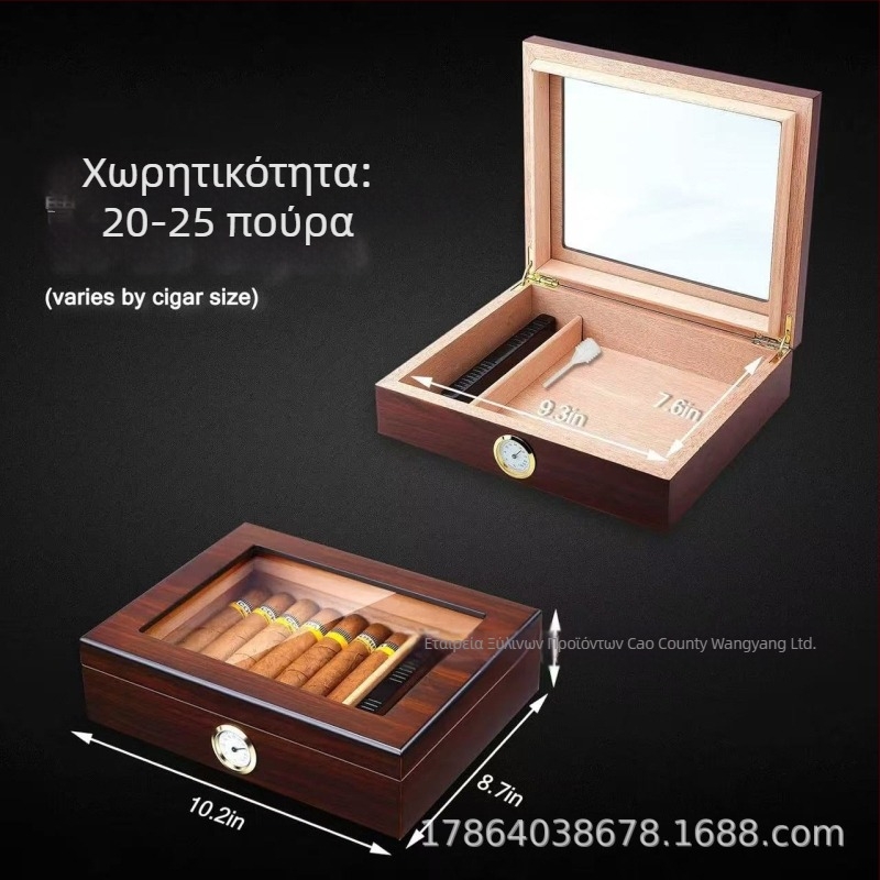 Ξύλινο κουτί υγρασίας για πούρα με διαφανές ακρυλικό καπάκι, τετράγωνο σχήμα, ρετρό σχεδίαση, μεγάλη χωρητικότητα
