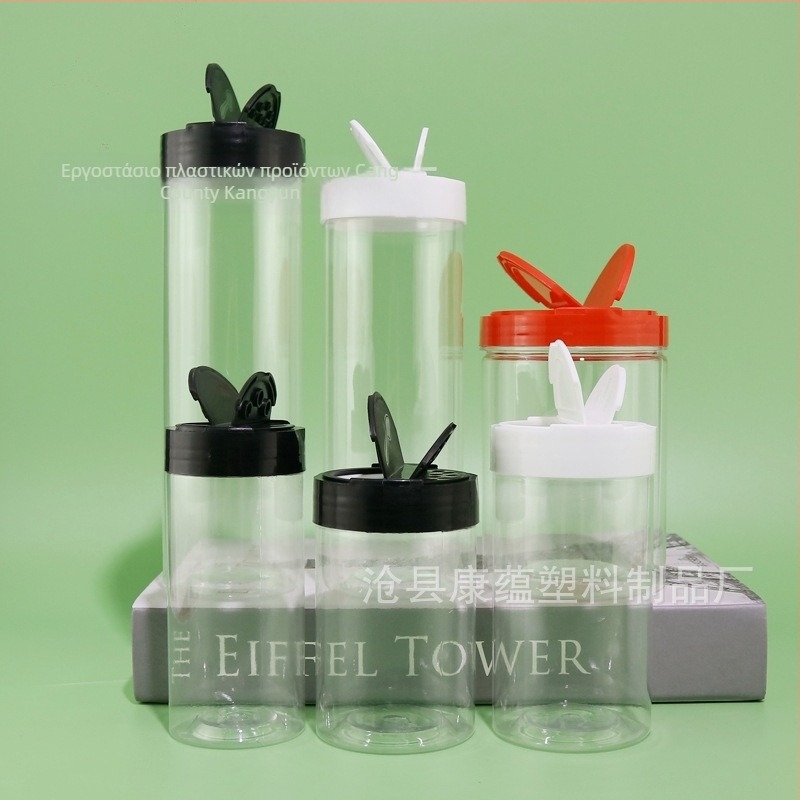 Μπουκάλι μπαχαρικών από πλαστικό με καπάκι πεταλούδας, διαφανές PET σώμα, πλαστικό καπάκι, για σκόνη κύμινου