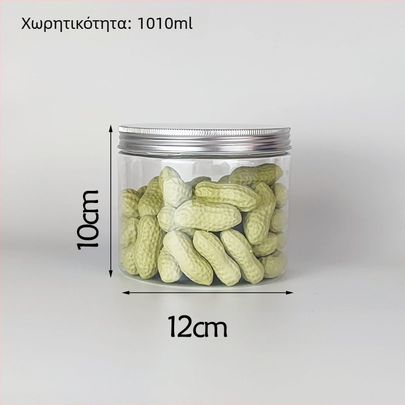 Διάφανο PET πλαστικό βάζο με ευρύ στόμιο και καπάκι αλουμινίου, διαμέτρου 10,5 mm