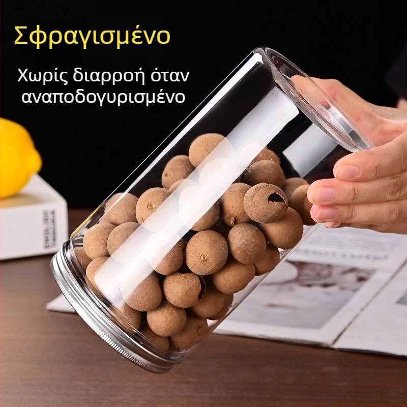 Διαφανές PET πλαστικό βάζο αποθήκευσης με ευρύ στόμιο και ερμητικό καπάκι, κατάλληλο για συσκευασία καρυδιών, διαθέσιμο σε διάφορες χωρητικότητες