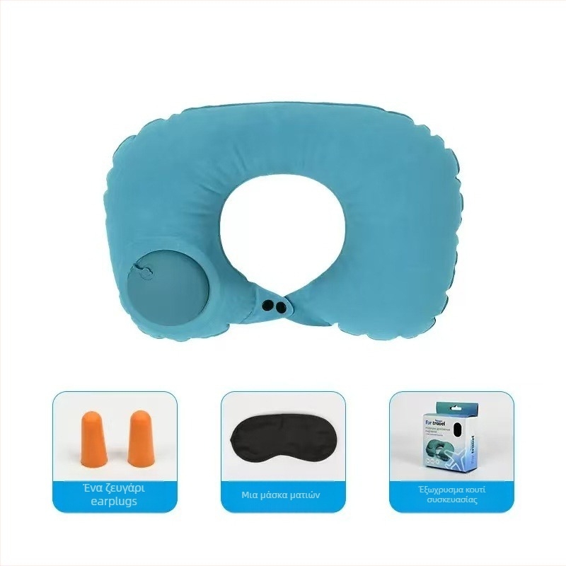 Προσαρμοσμένο φουσκωτό μαξιλάρι λαιμού σε σχήμα U με λογότυπο - Φορητό ταξιδιωτικό σετ τριών τεμαχών, φουσκώνει με πίεση, PVC, 90 g