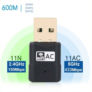 AC600M USB Διπλής Ζώνης Ασύρματη Κάρτα Δικτύου – 600 Mbps, 2.4/5.8 GHz, χωρίς οδηγούς