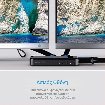 HDMI διανομέας 1 είσοδος, 2 έξοδοι; 4K συμβατότητα; απόσταση μετάδοσης 20 m; τροφοδοσία 5V/1A; μοντέλο 0103