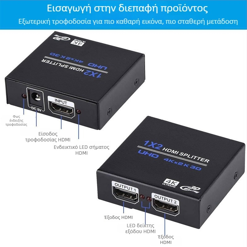 HDMI διαχωριστής 1x2, μετάδοση 20 m, εύρος ζώνης 480 Mbps, τροφοδοσία 5V1A (μοντέλο OZF4)