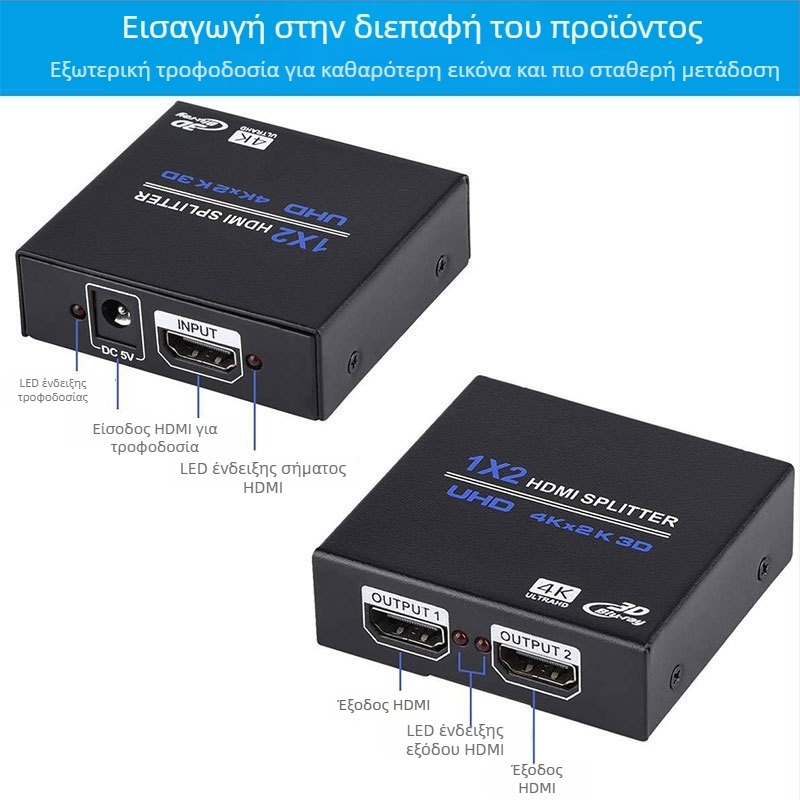 Διαχωριστής βίντεο HDMI 1x2, Υποστήριξη 4K, HDMI είσοδος/έξοδος, Τροφοδοσία 5V 1A (5W), Μοντέλο OZF4