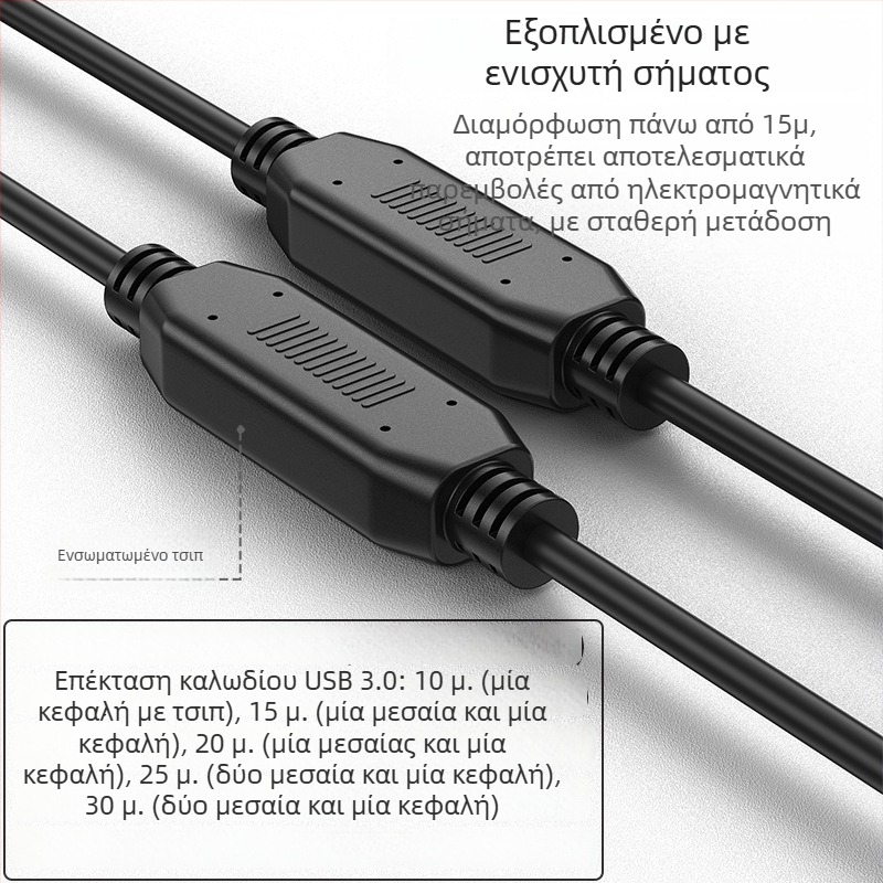 Καλώδιο επέκτασης USB 3.0, αρσενικό–θηλυκό, με ενσωματωμένο κύκλωμα ενίσχυσης, αγωγοί από χαλκό χωρίς οξείδωση