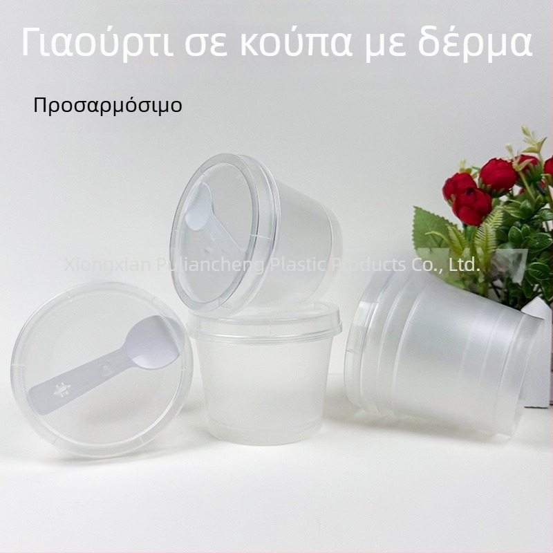 Μονόχρηστο διαφανές πλαστικό κύπελλο για γιαούρτι με καπάκι, PP πλαστικό, μεταξοτυπία λογότυπου