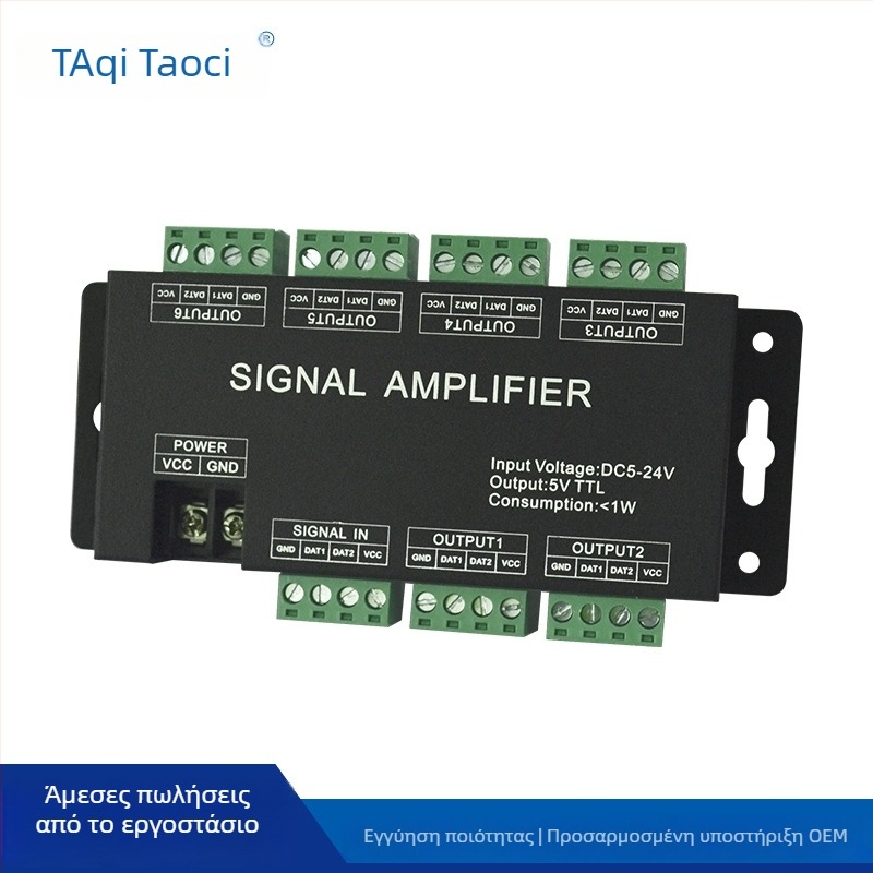 LED Συμφωνικός Ενισχυτής AP-A10, 5–24V, 6 κανάλια, DC θύρα/τερματικό μπλοκ, εύρος ελέγχου 20 m