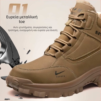 Αντιολισθητικά επαγγελματικά παπούτσια με ψηλό άνω μέρος, δέρμα μικροϊνών + καμβά, ατσάλινο καπάκι δακτύλων, προστασία από κρούση, διάτρηση και ολίσθηση, μόνωση θερμότητας
