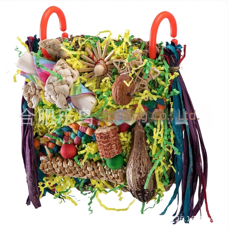 Παιχνίδι για παπαγάλους, μασήσιμο και πλέγμα ανάβασης με μεταξωτά φρούτα και φύλλα καλαμποκιού