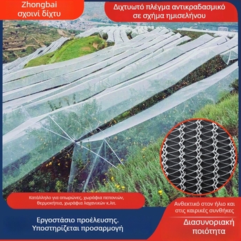 Σεληνοειδές προστατευτικό δίχτυ κατά του χαλαζιού για οπωρώνες, αγρούς, θερμοκήπια και κήπους λουλουδιών