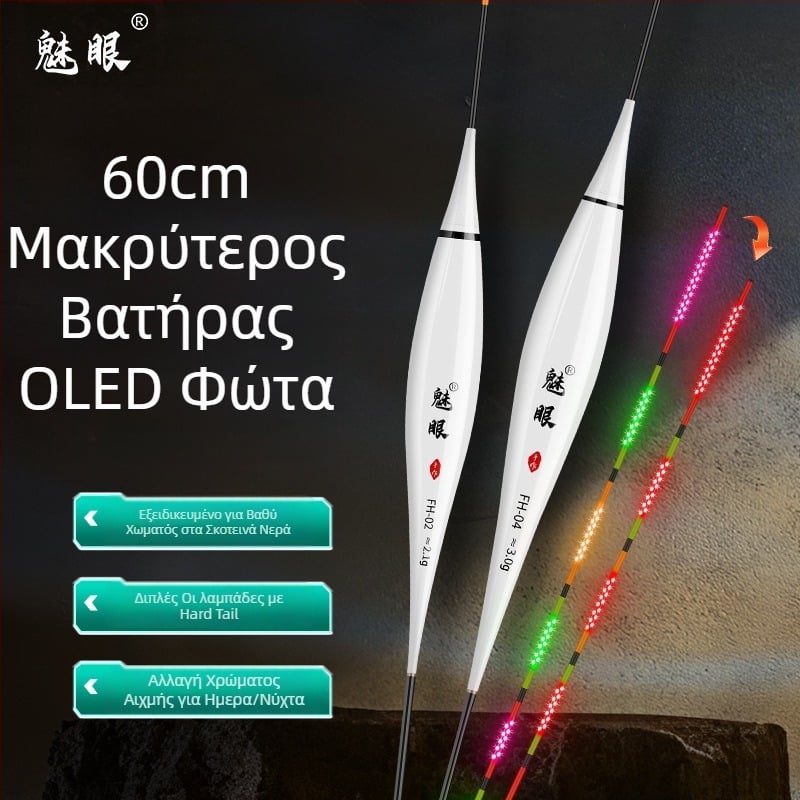Charming Eyes OLED φωτιζόμενος φουσκώ με υψηλή ευαισθησία, δείκτης δαγκώματος που αλλάζει χρώμα, χρήση ημέρας και νύχτας, ηλεκτρονικός φουσκώ με διαδρομή 60 mm για κυπρίνο και χορτοφάγο κυπρίνο