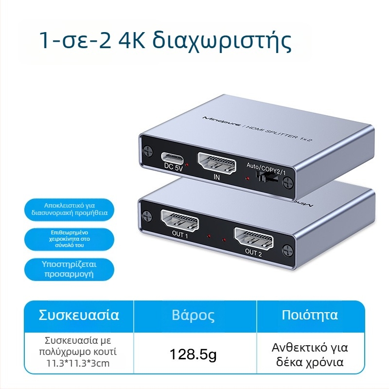 Mindpure HDMI 1×2 διαχωριστής, 4K 3840×2160, επέκταση σήματος βίντεο