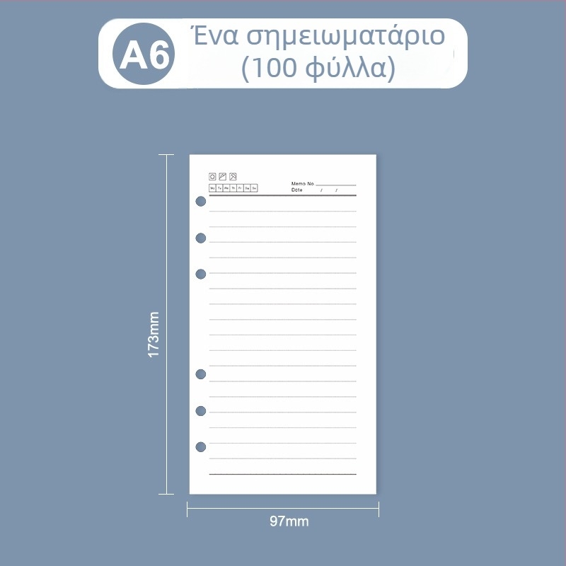 Ανοικτός εσωτερικός πυρήνας για σημειωματάριο: σελίδες με πλέγμα και Cornell-stílus γραμμές, επιλογές 6 ή 9 οπών, 100 ή 96 φύλλα, λογότυπο τυπωμένο, δυνατότητα προσαρμογής