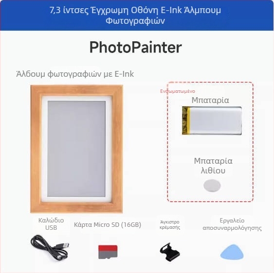 ACEP7 ψηφιακό πλαίσιο φωτογραφιών με E Ink οθόνη, ενσωματωμένο RTC και πλαίσιο από μασίφ ξύλο