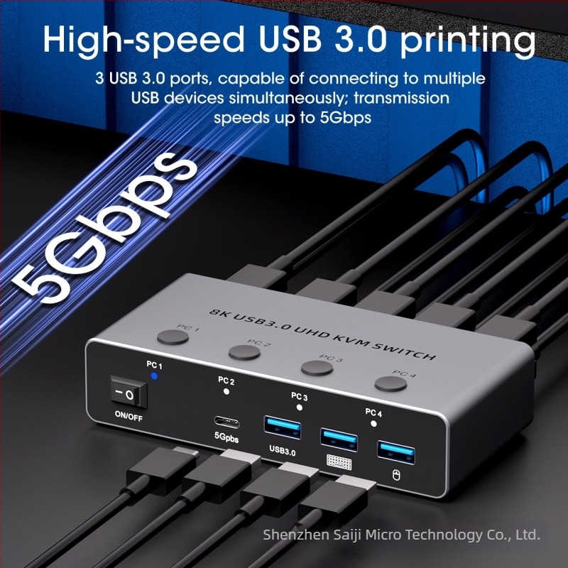 Sajimic Km401-f Διακόπτης KVM, HDMI, 4-σε-1 είσοδες, USB 3.0, 8K60Hz, μοιράζεται οθόνη, ποντίκι και πληκτρολόγιο