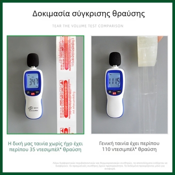 Ταινία συσκευασίας, υψηλής ιξωδικότητας, χαμηλός θόρυβος, σε φιλμ BOPP με κόλλα ευαισθητή στην πίεση· αντίσταση στη θερμοκρασία: 120°C μακροπρόθεσμα, 150°C βραχυπρόθεσμα.