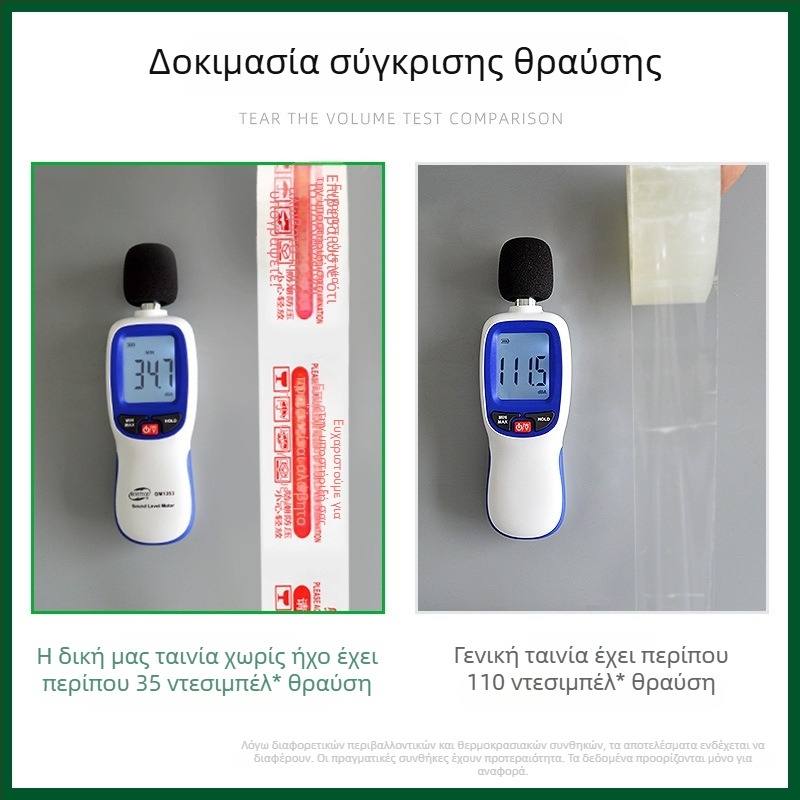 Ταινία συσκευασίας, υψηλής ιξωδικότητας, χαμηλός θόρυβος, σε φιλμ BOPP με κόλλα ευαισθητή στην πίεση· αντίσταση στη θερμοκρασία: 120°C μακροπρόθεσμα, 150°C βραχυπρόθεσμα.
