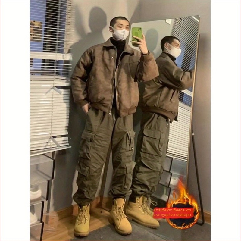 Ανδρικά παντελόνια εργασίας σε αμερικανικού στυλ με fleece επένδυση για χειμώνα, λειτουργικά παντελόνια εξωτερικού για πεζοπορία, συμβατά με μποτάκια Martin