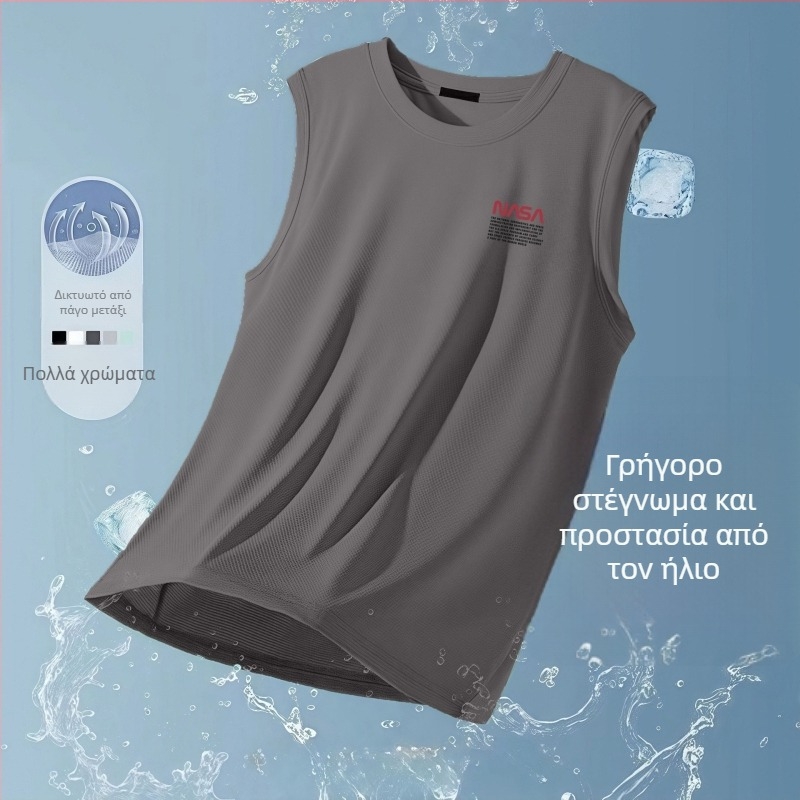 Ανδρικό αμάνικο γιλέκο γυμναστικής - αναπνεύσιμο, γρήγορο στέγνωμα ice silk ύφασμα, άνετη χαλαρή γραμμή, εκτύπωση με γράμματα, καλοκαίρι