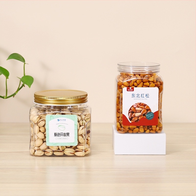 PET πλαστικός κάδος τροφίμων, διαφανής, κατάλληλος για καρύδια και αποξηραμένα φρούτα, μοντέλο 950, με μεταλλικό κρυστάλλινο καπάκι