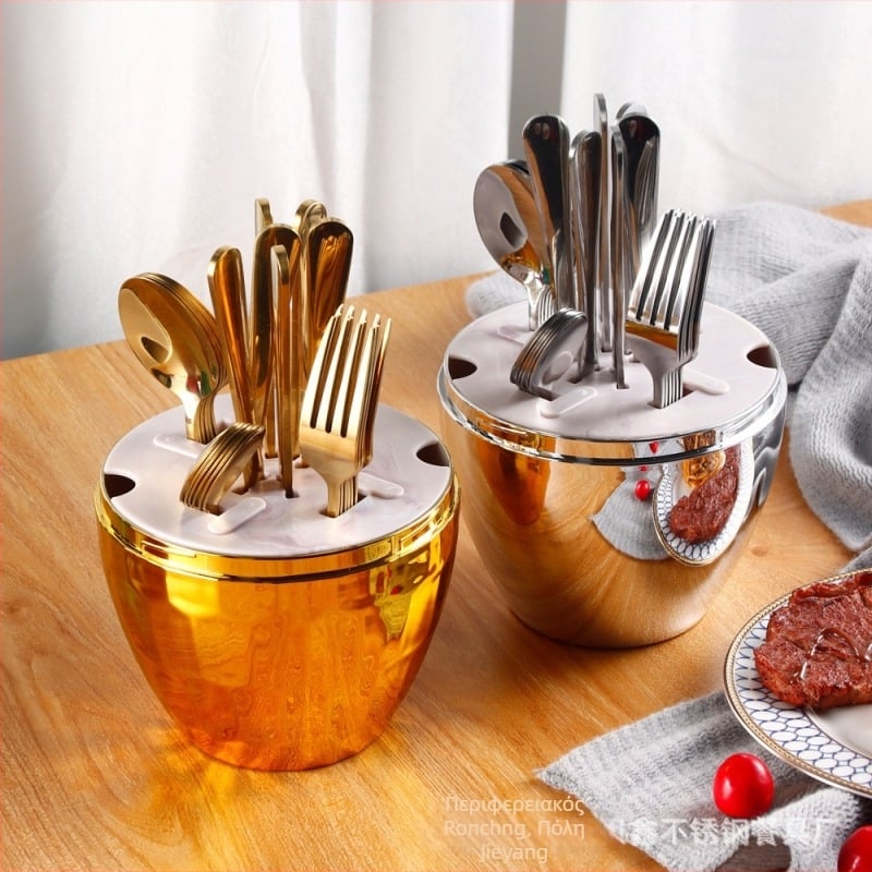 Σετ μαχαιροπίρουνα από ανοξείδωτο ατσάλι 24 τεμαχίων – μαχαίρι, πιρούνι και κουτάλι; 410 ανοξείδωτος χάλυβας, ελαφρύ φινίρισμα με κύλινδρο κάνναβης, μοντέρνο απλό στυλ