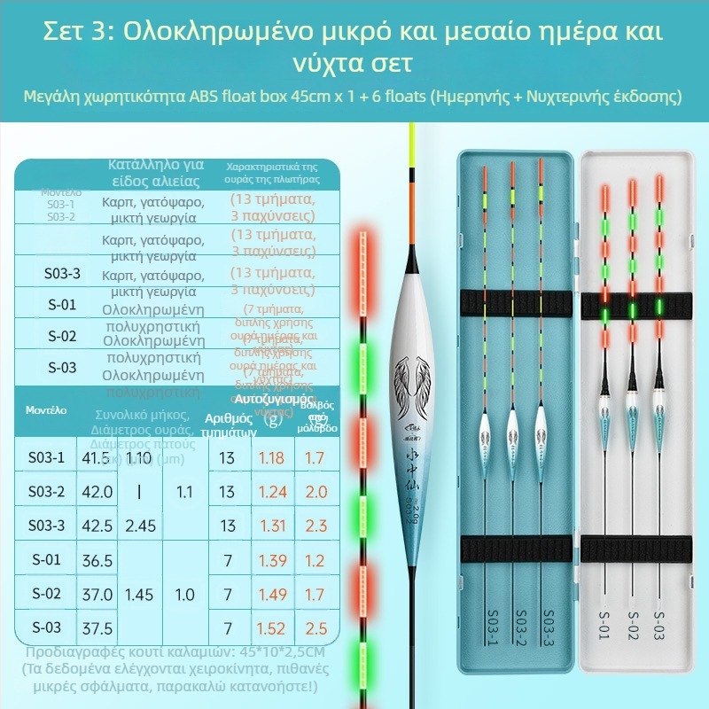 Σετ κατακόρυφων φουλακών για ψάρεμα – υψηλή ευαισθησία, ορατό φωτεινό σχέδιο ημέρα και νύχτα; πλήρες κιτ (Τύπος: κατακόρυφοι φλοφοί; Υλικό: συνθετικό υλικό; Μάρκα: Giant fin King)