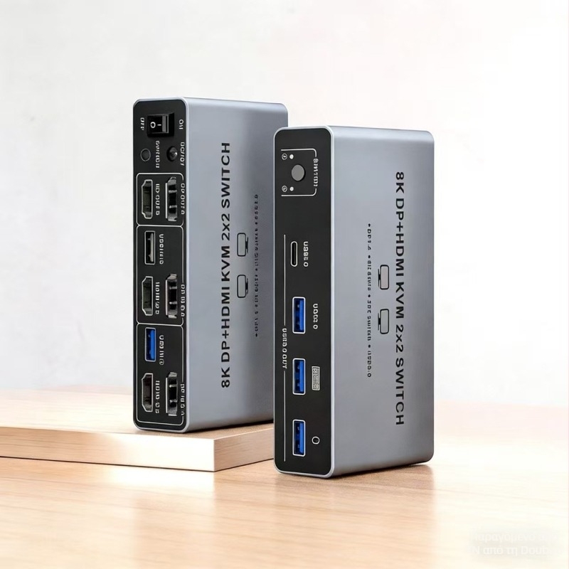 KVM διακόπτης για δύο υπολογιστές — 8K HDMI διπλή προβολή, 2 είσοδοι/2 έξοδοι, Windows συμβατό, καλώδιο 1 μ, μοντέλο SJW-KVM202B