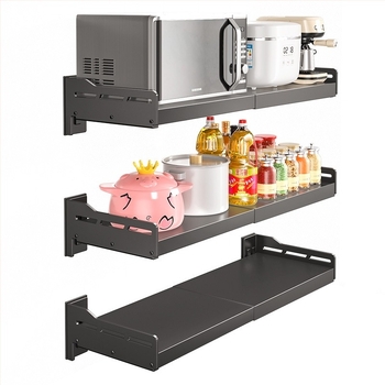 Αναδιπλούμενο ράφι τοίχου για φούρνο μικροκυμάτων — εγκατάσταση χωρίς τρύπες, σώμα από ανθρακούχο χάλυβα, ανθεκτικό στήριγμα από ανοξείδωτο χάλυβα