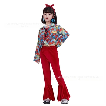 Σετ παιδικών ρούχων: ριζικό φλοράλ πουκάμισο σε ρετρό στυλ Χονγκ Κονγκ και παντελόνια με καμπανάκι, ύφασμα ακέτα-κορντουρύ, Καλοκαίρι 2025, για κορίτσια 3–8 ετών, ενδυμασία για σκηνή/χορό