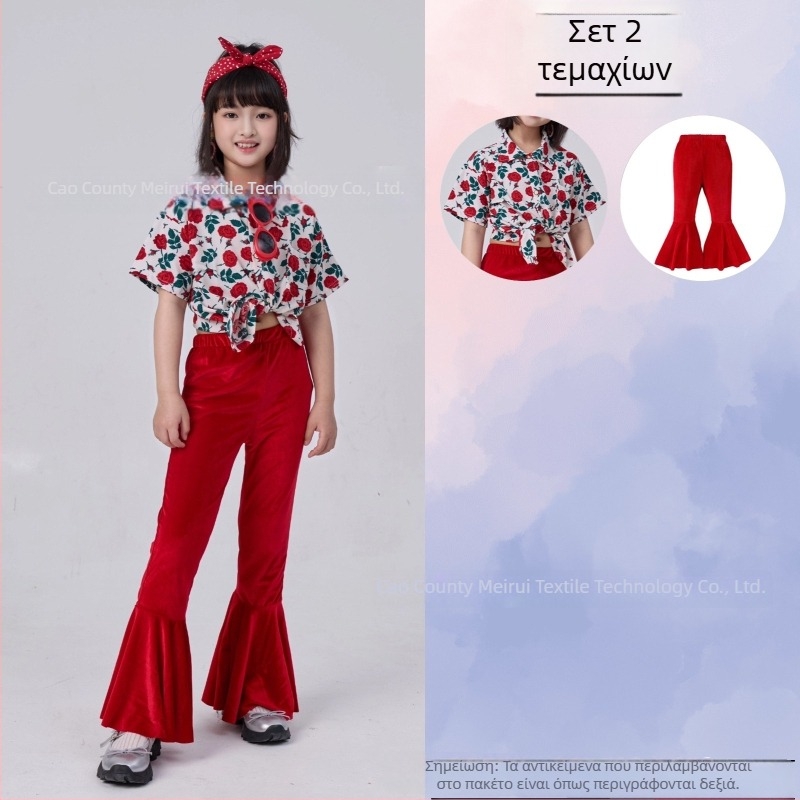 Σετ παιδικών ρούχων: ριζικό φλοράλ πουκάμισο σε ρετρό στυλ Χονγκ Κονγκ και παντελόνια με καμπανάκι, ύφασμα ακέτα-κορντουρύ, Καλοκαίρι 2025, για κορίτσια 3–8 ετών, ενδυμασία για σκηνή/χορό