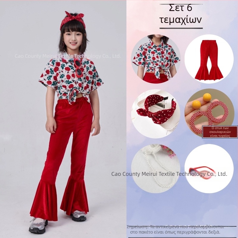 Σετ παιδικών ρούχων: ριζικό φλοράλ πουκάμισο σε ρετρό στυλ Χονγκ Κονγκ και παντελόνια με καμπανάκι, ύφασμα ακέτα-κορντουρύ, Καλοκαίρι 2025, για κορίτσια 3–8 ετών, ενδυμασία για σκηνή/χορό