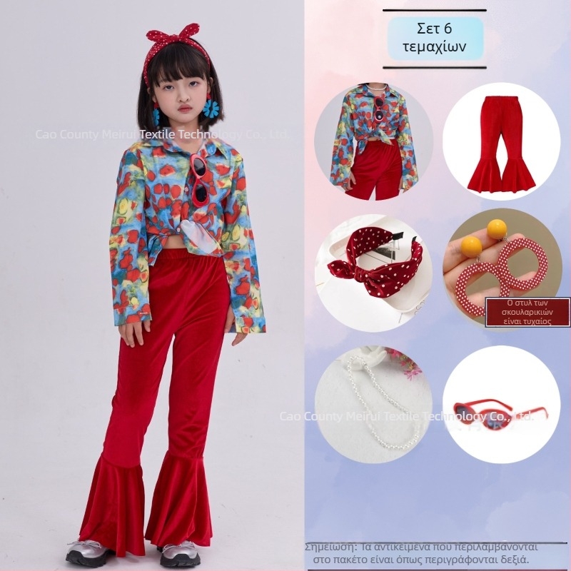 Σετ παιδικών ρούχων: ριζικό φλοράλ πουκάμισο σε ρετρό στυλ Χονγκ Κονγκ και παντελόνια με καμπανάκι, ύφασμα ακέτα-κορντουρύ, Καλοκαίρι 2025, για κορίτσια 3–8 ετών, ενδυμασία για σκηνή/χορό